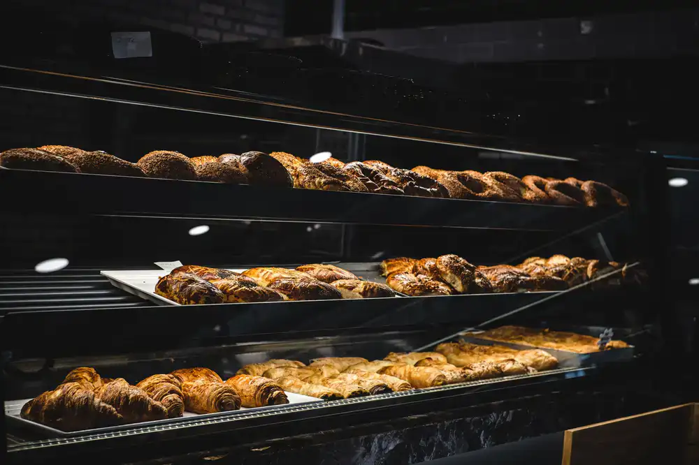 Fresh croissants and baked goods on display